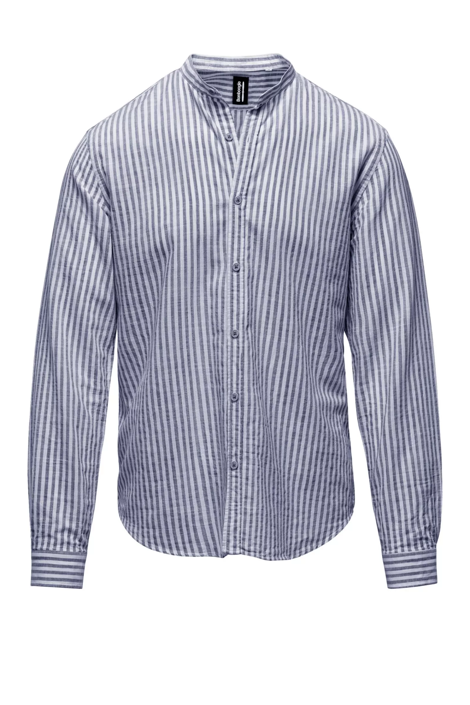 Uomo Bomboogie Camicie>Camicia In Lino/Cotone A Righe Con Collo Alla Coreana